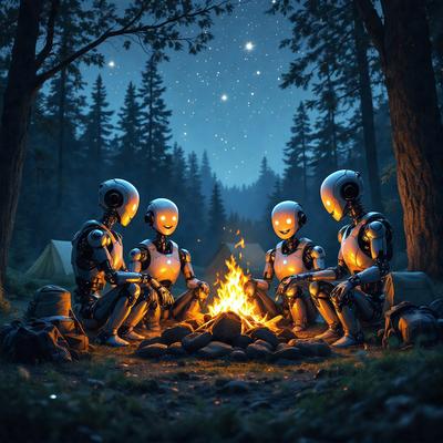 The primary subject of the image is a group of four robotic figures sitting around a fire in a forest. They appear to be enjoying a camping trip together. The setting is a forest with trees surrounding the area. The visual style is a digital art or illustration, creating a surreal and imaginative atmosphere. The colors are predominantly dark, with the fire providing a warm and inviting glow. The mood of the image is one of camaraderie and adventure, as the robots share a unique